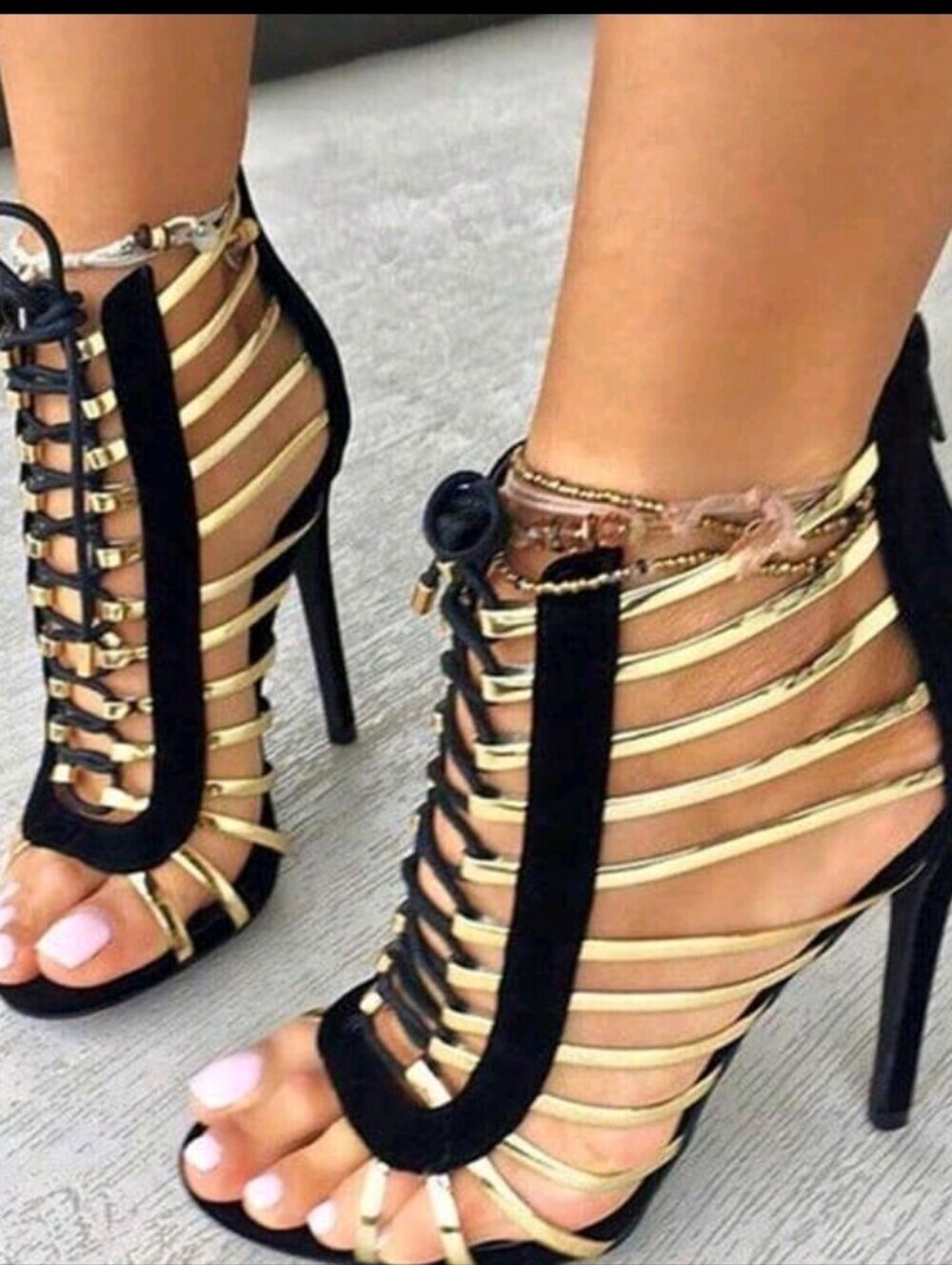 Black and Gold Strappy Stiletto Heels - Women Shoes